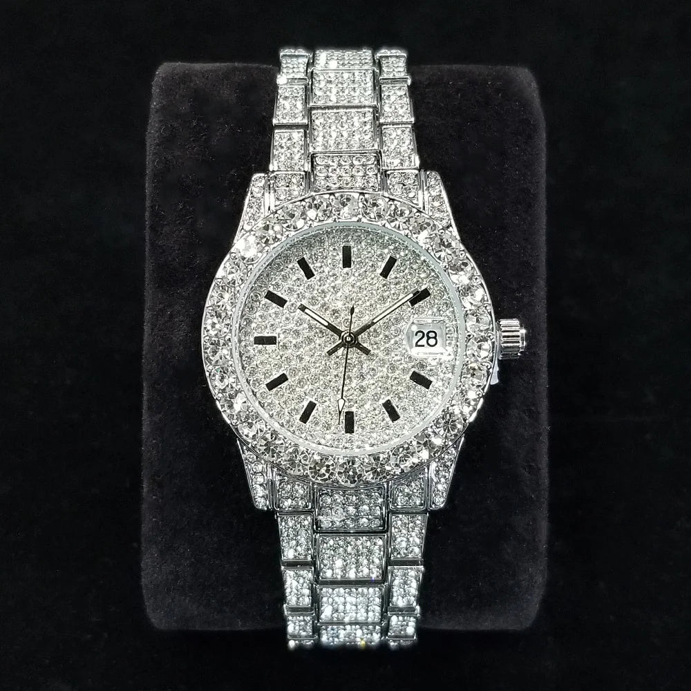 Elegante Diamantenuhren Damen Mode Silber Rund Edelstahl Quarzuhr Iced Out Glänzend Wasserdichte Uhr Geschenk für Frauen Hauptbild