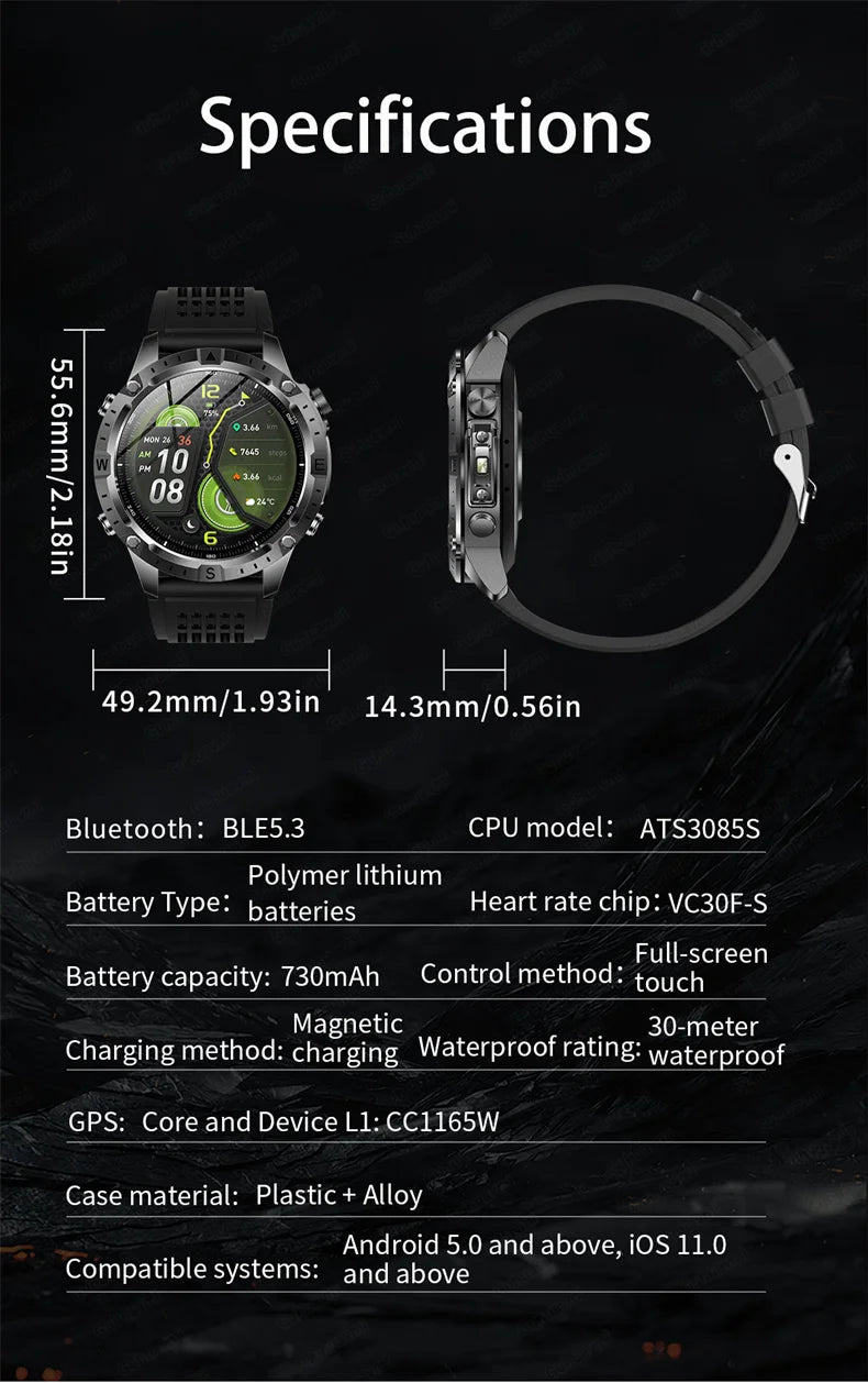 2026New Military T-Rex3 GPS Map Navigation Smart Watch 2GB RAM 1.43-inch AMOLED Screen 30M Waterproof Call Sports Smartwatch Men