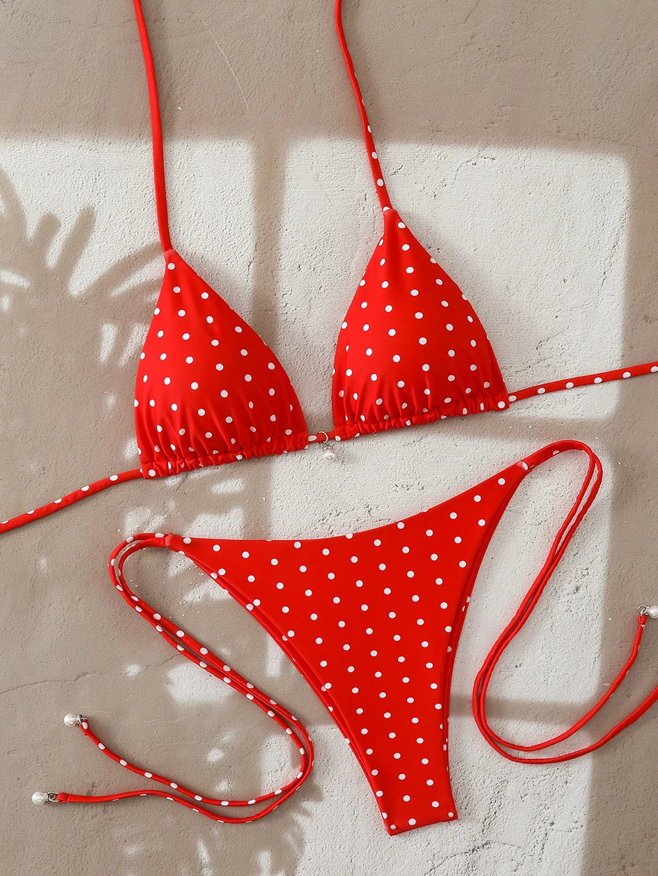 Sexy Micro-Bikini-Sets mit Perlenpunktdruck, Bademode 2026, Badeanzug für Damen, Strandkleidung, Damen Strand Sommer Bikini, zweiteiliger Badeanzug