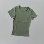 Hautenge, einfarbige Yoga-Kleidung für Damen: Schnelltrocknendes, elastisches, eng anliegendes T-Shirt, Fitness-Oberteil