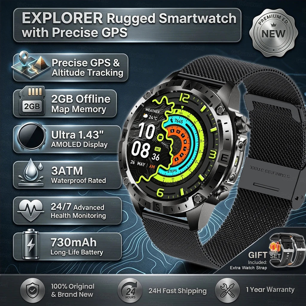 Smartwatch für Herren GPS Offline-Karten 2G ROM 10ATM Wasserdicht Herzfrequenz Tauchen Skifahren Wandern Robuste Smartwatch für Damen und Herren