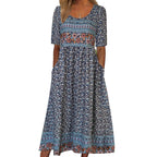 2025 Sommer Damen-Bohemia-Kleid locker, modischer Druck, Rundhalsausschnitt, kurze Ärmel, langes Kleid