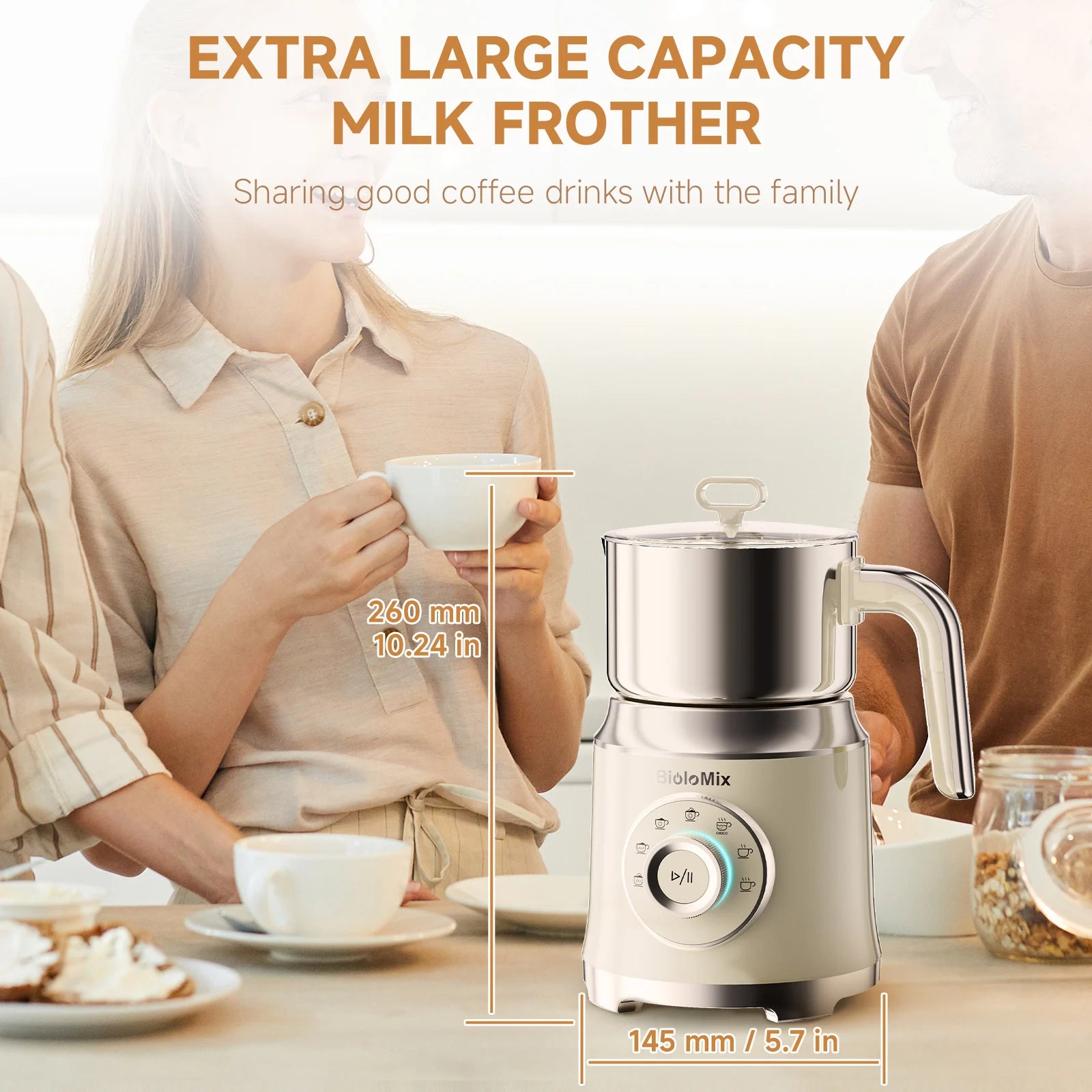BioloMix 7-in-1 Abnehmbarer elektrischer Milchaufschäumer Dampfer Automatischer Heiß- und Kaltschaumbereiter für Kaffee und heiße Schokolade