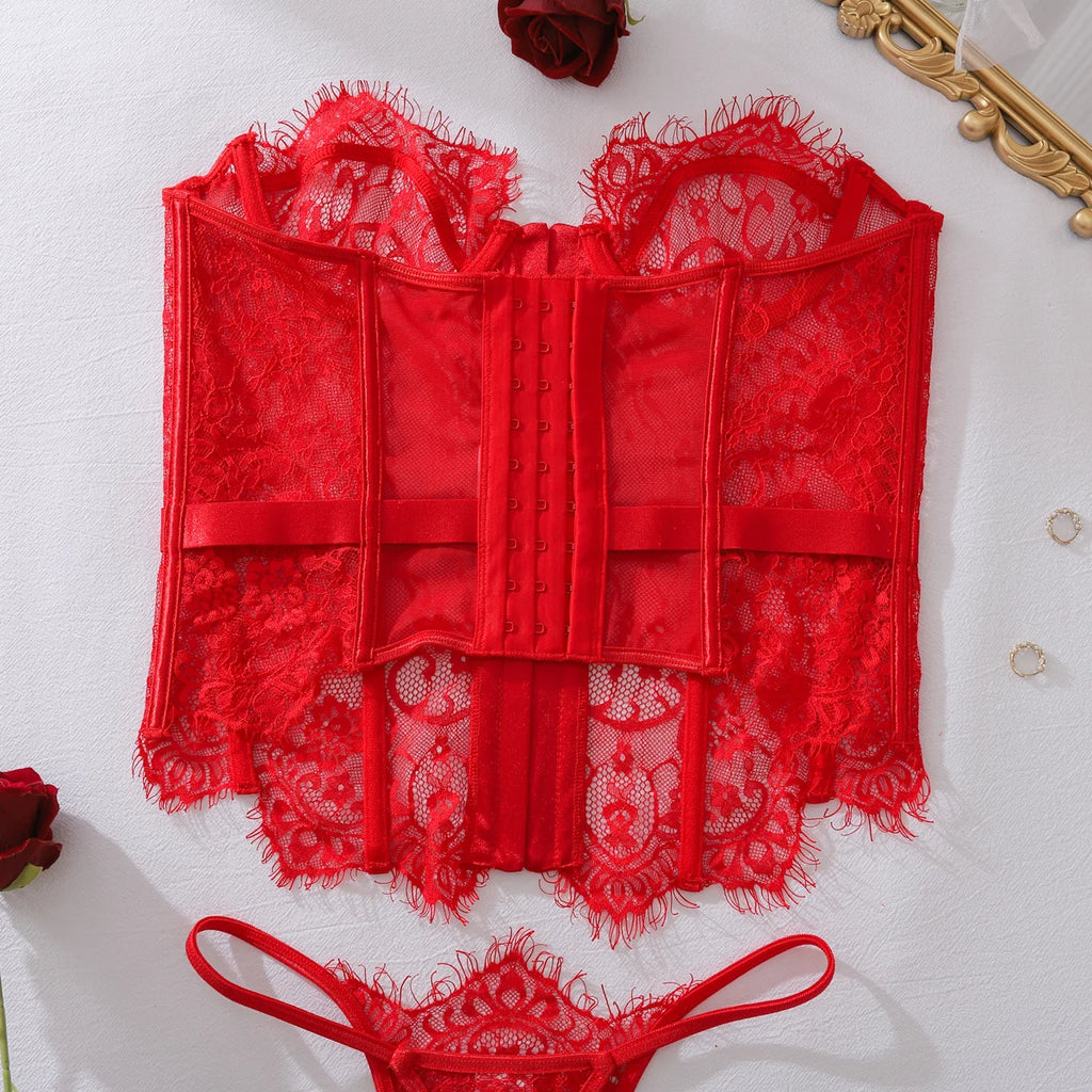 Ellolace Palace Damen Dessous Sets Weidenkorsett String 2-teiliges Set Sexy Heiß Trägerlos Spitze Ausgefallener tiefer V-Ausschnitt Damen Unterwäsche