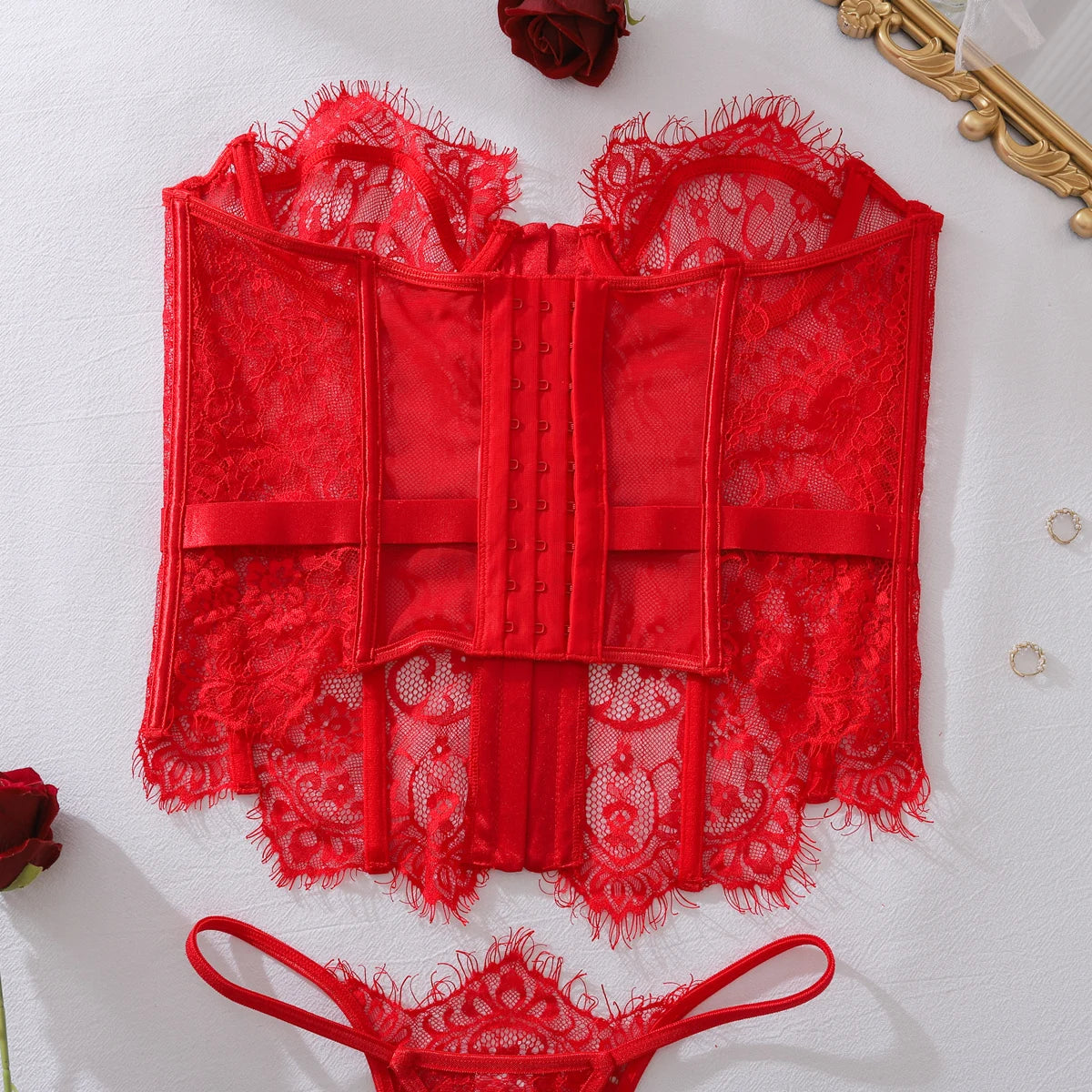 Ellolace Palace Damen Dessous Sets Weidenkorsett String 2-teiliges Set Sexy Heiß Trägerlos Spitze Ausgefallener tiefer V-Ausschnitt Damen Unterwäsche