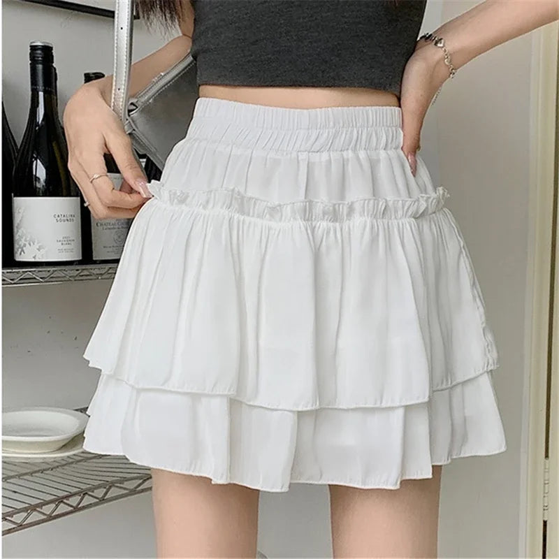 Sommer Kawaii Weiß Rüschenrock Damen Mode Slim Fit Minirock Mädchen Y2k All Match Elastischer Hoher Bund Schwarze Faldas