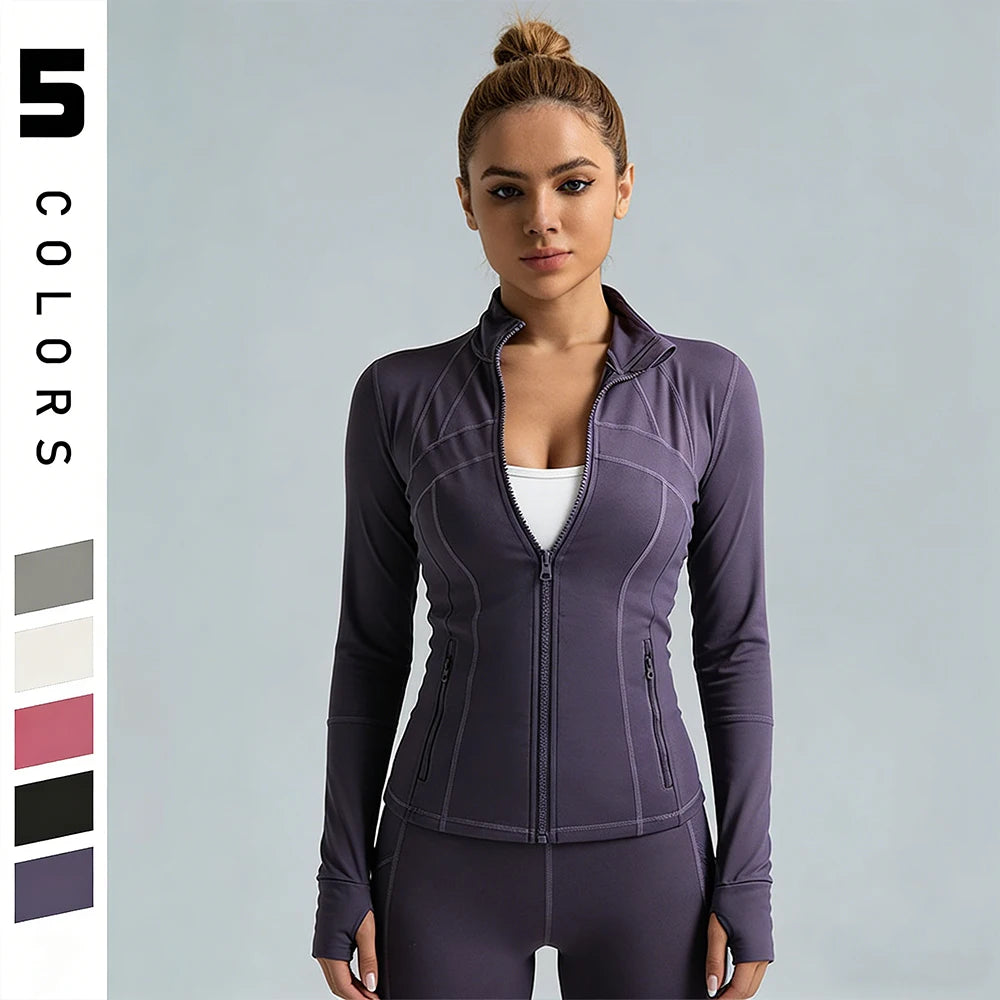 Damen Yoga-Jacke mit durchgehendem Reißverschluss – Langärmelige Sportjacke mit Daumenlöchern & Seitentaschen, Slim Fit, 5 Farben erhältlich Hauptbild