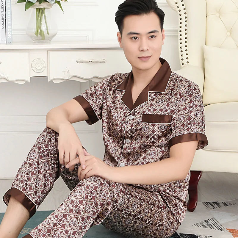 Hochwertiges Pyjama-Set Herren Frühling Herbst Dünn Polyester Eisseide Langarm Schlafanzug Übergröße Sommer Hauskleidung Männlich