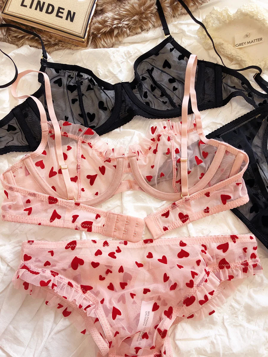 Neues Dessous-Tangas-Set, sexy, ultradünner transparenter BH, Damen-Bügel-Push-up-BH-Set, sommerliche, romantische Pfirsichherz-Unterwäsche