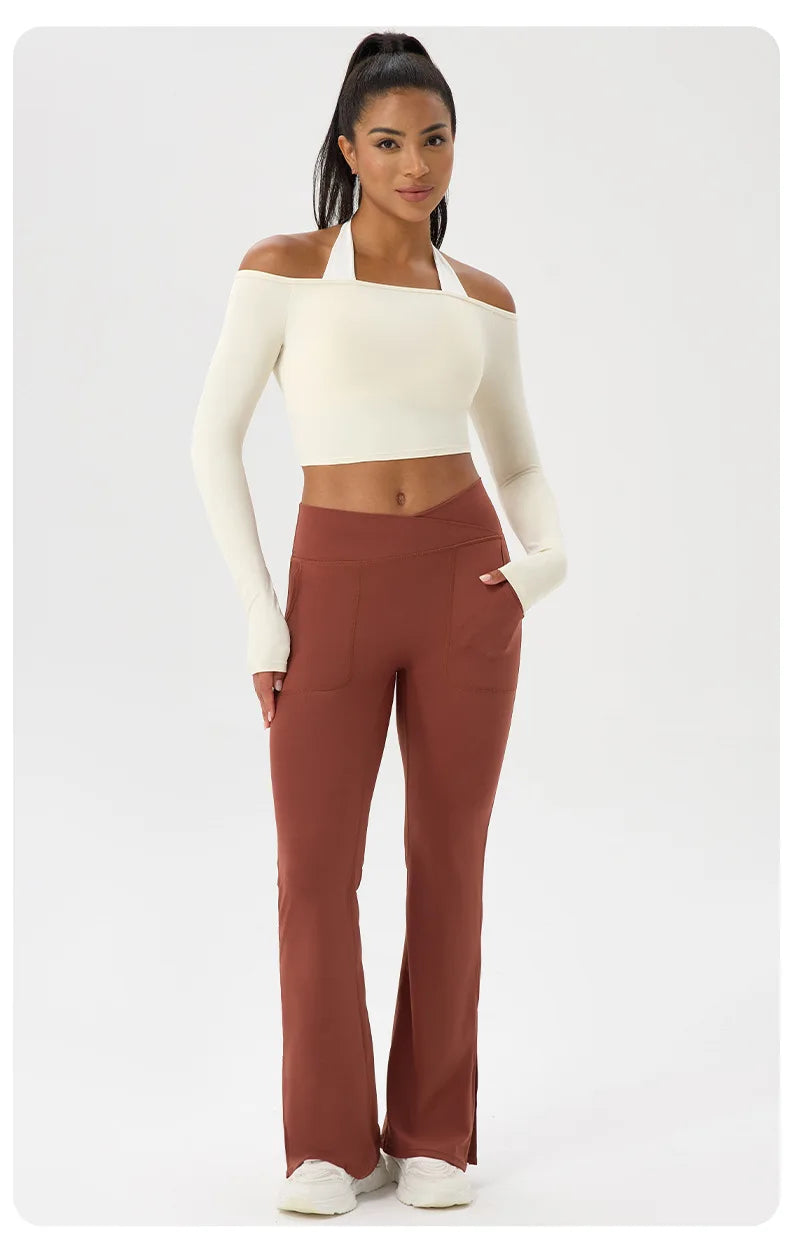 Yoga Langarm T-Shirt Damen Ein-Schulter Sexy Eng Anliegende Fitness-Oberteile Nude-Feel Schnelltrocknendes Sport Langarm Yoga Shirts