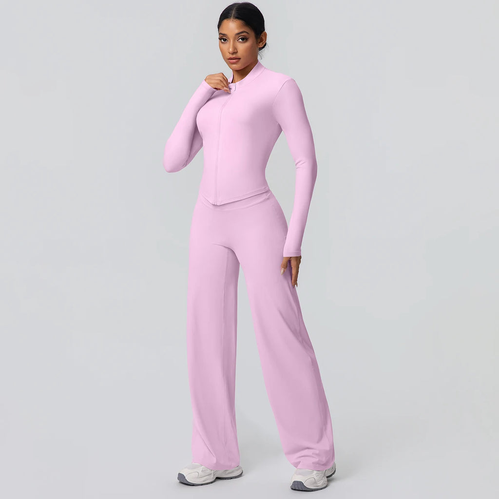 2-teiliges schnelltrocknendes Sport-Fitness-Bekleidung Yoga-Set Damen Yoga Reißverschluss Langarm High Waisted atmungsaktive weite Hose Set