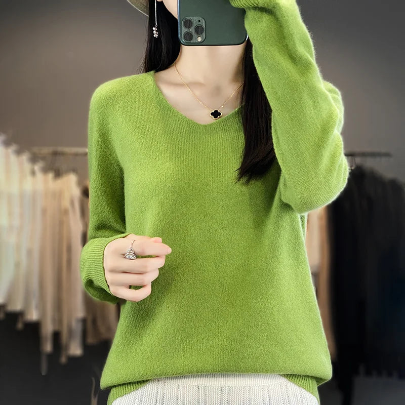 Damen 100% Merinowolle Pullover V-Ausschnitt Basic Pulli Herbst Winter Kaschmir Kleidung Langarm Weiche Strickware Oberteile Unifarben