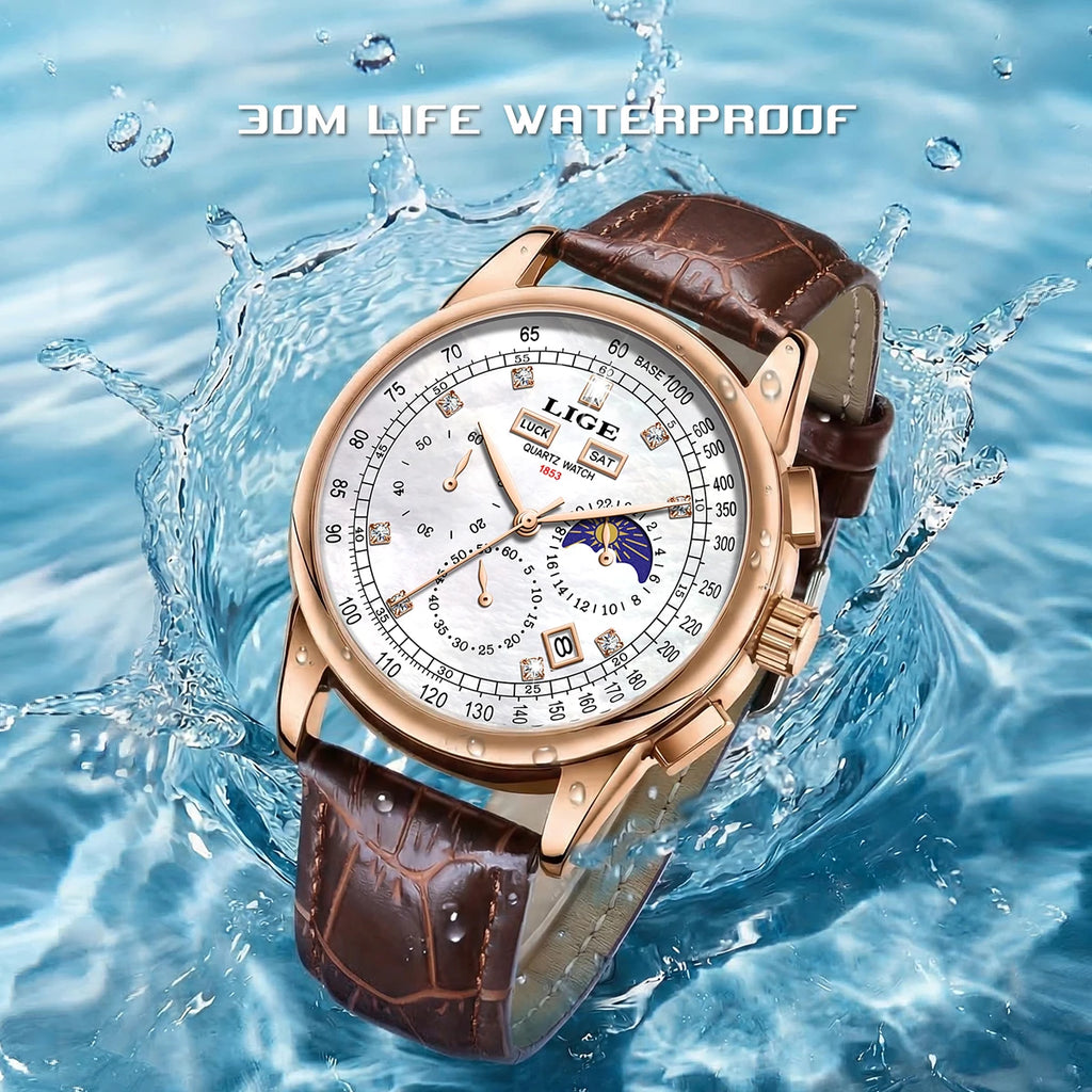LIGE Retro Elegant Quartz Women's Wristwatches Simple Diamond Dial Fashion Casual Outdoor Date Waterproof Moon Phase Woman Watch