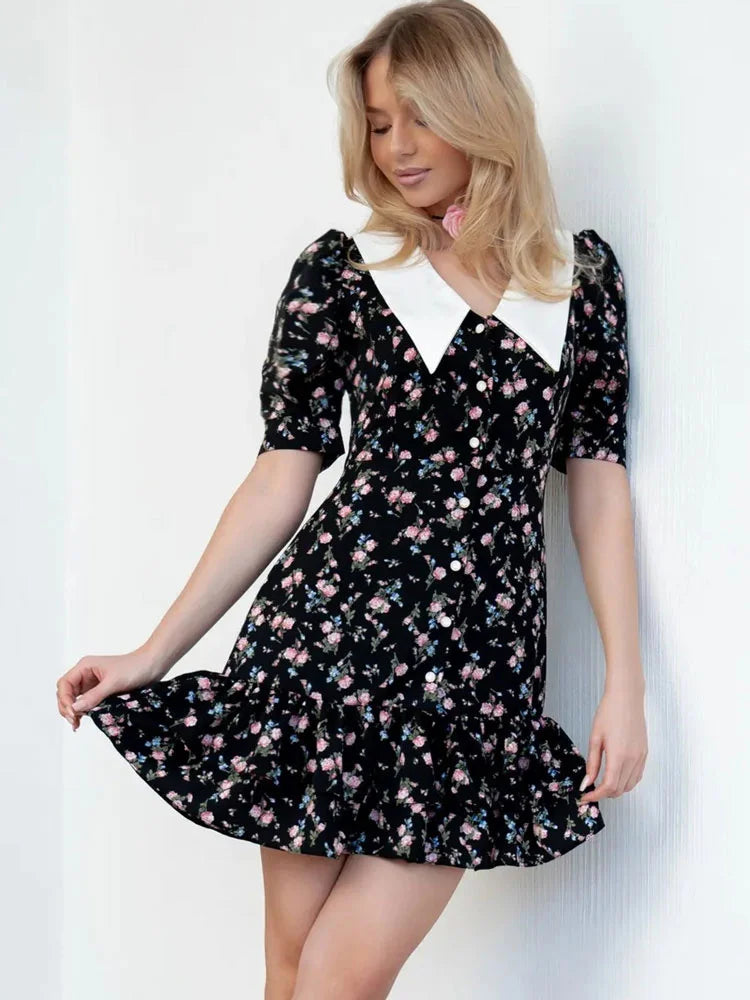Tossy Bedrucktes Revers Mode Minikleid Damen Kurzarm Patchwork Kontrast Elegantes Sommerkleid 2025 Damen Bodycon Kleid