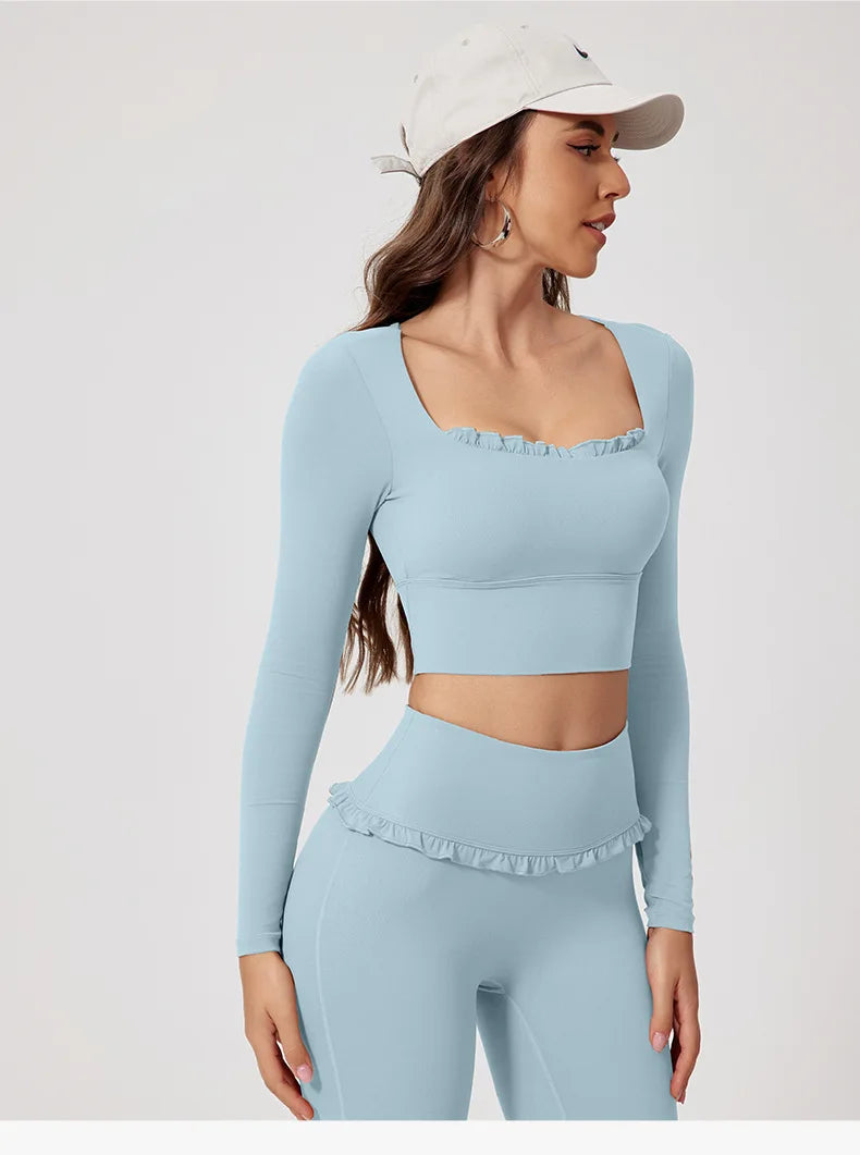 Neues Sommer 2-teiliges Damen-Fitnessstudio Yoga Damen-Outfit Outdoor Sport Schnelltrocknendes Langarmshirt-Set Damen Zweiteiler Sportbekleidung