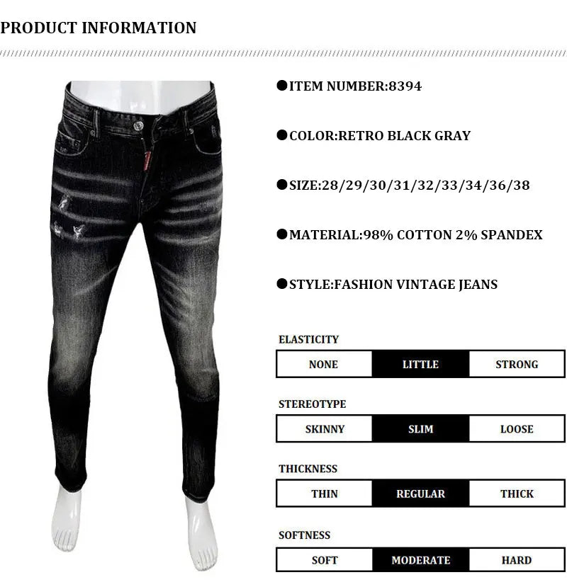 Street Fashion Herren Eng Schwarz Grau Jeans Retro Elastische Schlankmachende Split-Style Jeans Herren Retro Designer Brand Jeans Hombre