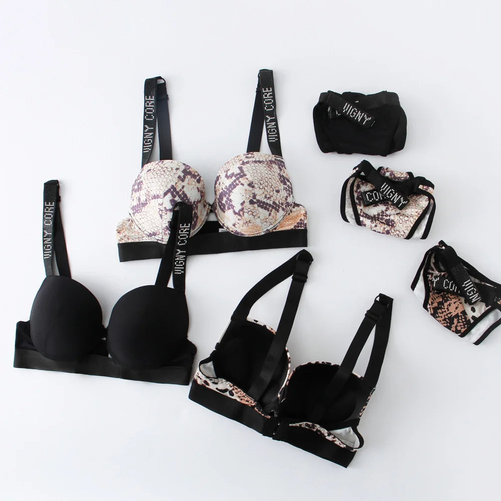 Buchstabe Strass Sport Leopard Sexy Dessous Set Geraffter Push Up Nahtloser BH Set Mode Spurenlose Dünne Fitness Unterwäsche