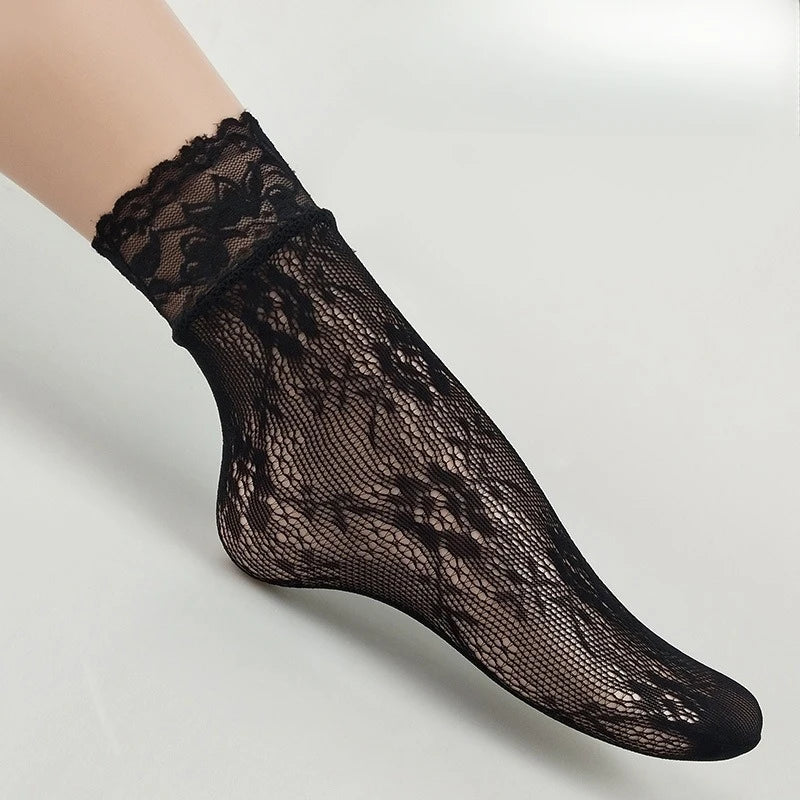 5 Paar Blumen-Spitzensocken Dünne Atmungsaktive Kurze Socken Sommer Netz Lolita Fischernetz Damenstrümpfe Strumpfwaren