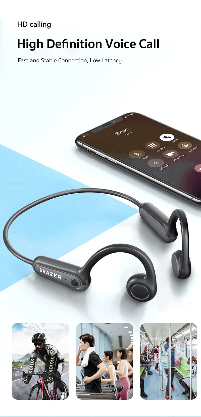 ERAZER XF22 Kopfhörer Bluetooth 5.4 Sport Wireless Kopfhörer Knochenschall-Headsets mit Mikrofon Nackenbügel-Kopfhörer