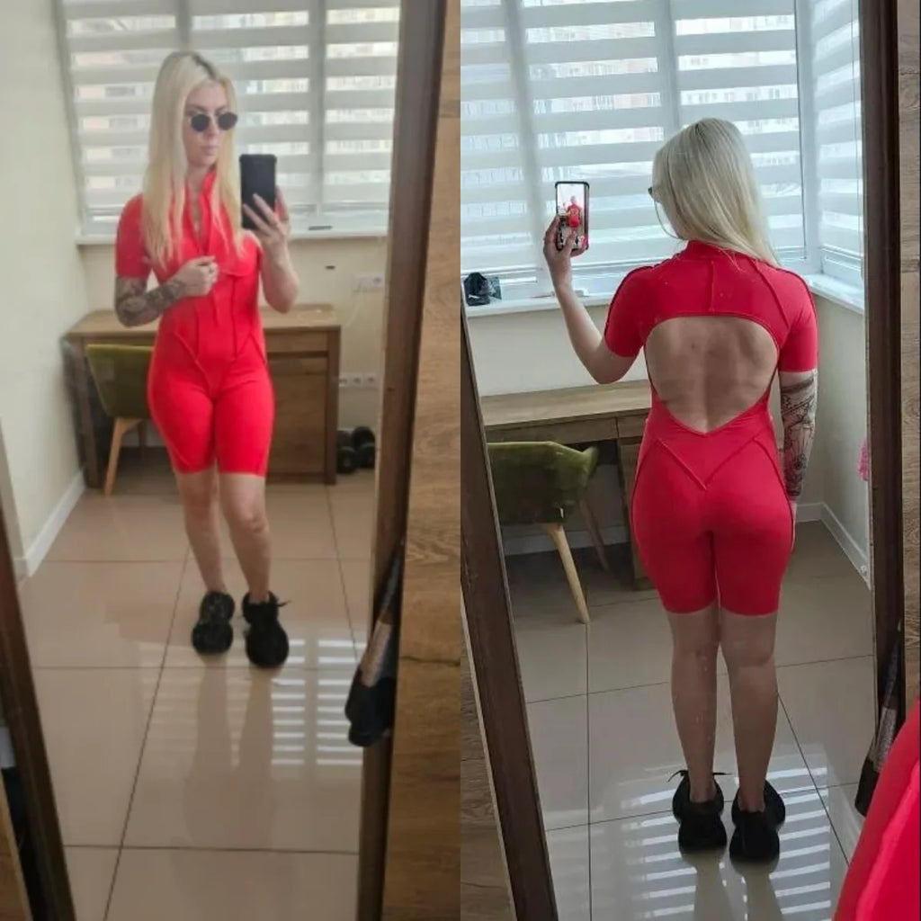 Damen-Trainingsanzug Fitness-Workout Sportkleidung Outfit Reißverschluss-Jumpsuit Yoga Fitness Overall Set Offene Rücken Bodysuits Anzug für Damen