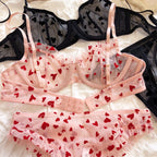 Neues Dessous-Tangas-Set, sexy, ultradünner transparenter BH, Damen-Bügel-Push-up-BH-Set, sommerliche, romantische Pfirsichherz-Unterwäsche