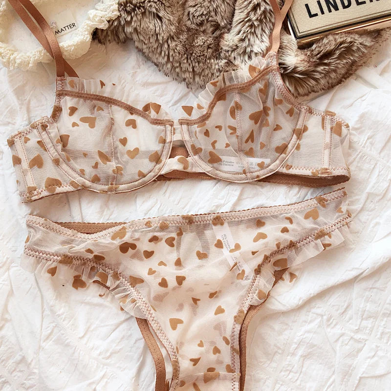 Neues Dessous-Tangas-Set, sexy, ultradünner transparenter BH, Damen-Bügel-Push-up-BH-Set, sommerliche, romantische Pfirsichherz-Unterwäsche