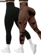 CZGUKE 2-teilige Damen Tie-Dye-Hose Sport Leggings Nahtlos High Waist Push-up Damen Fitness- und Trainingskleidung