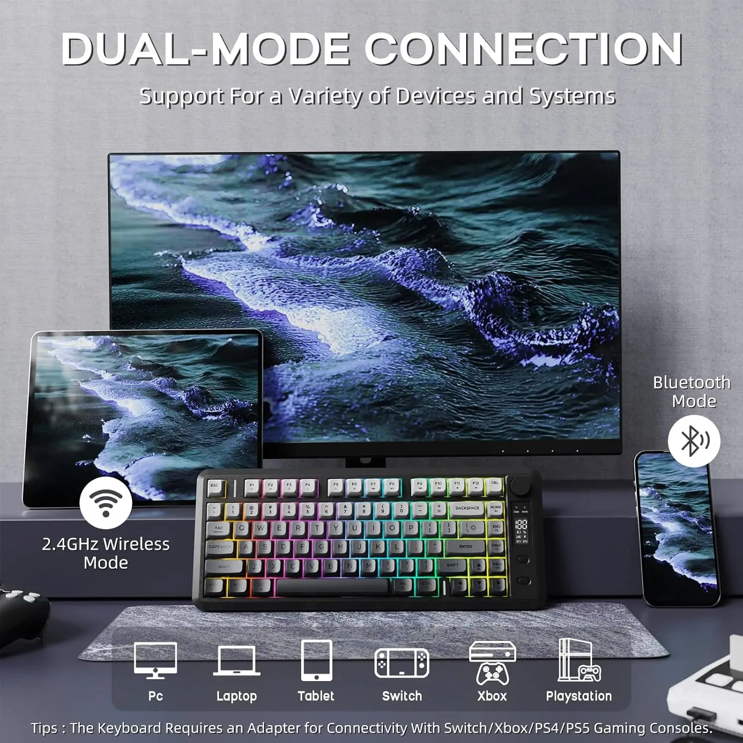 ATTACK SHARK M75 Kabellose Membran-Gaming-Tastatur mit Drehknopf & OLED-Display, Bluetooth/2.4Ghz, Regenbogen-Hintergrundbeleuchtung, PBT-Tastenkappen mit Farbverlauf Zweitbild
