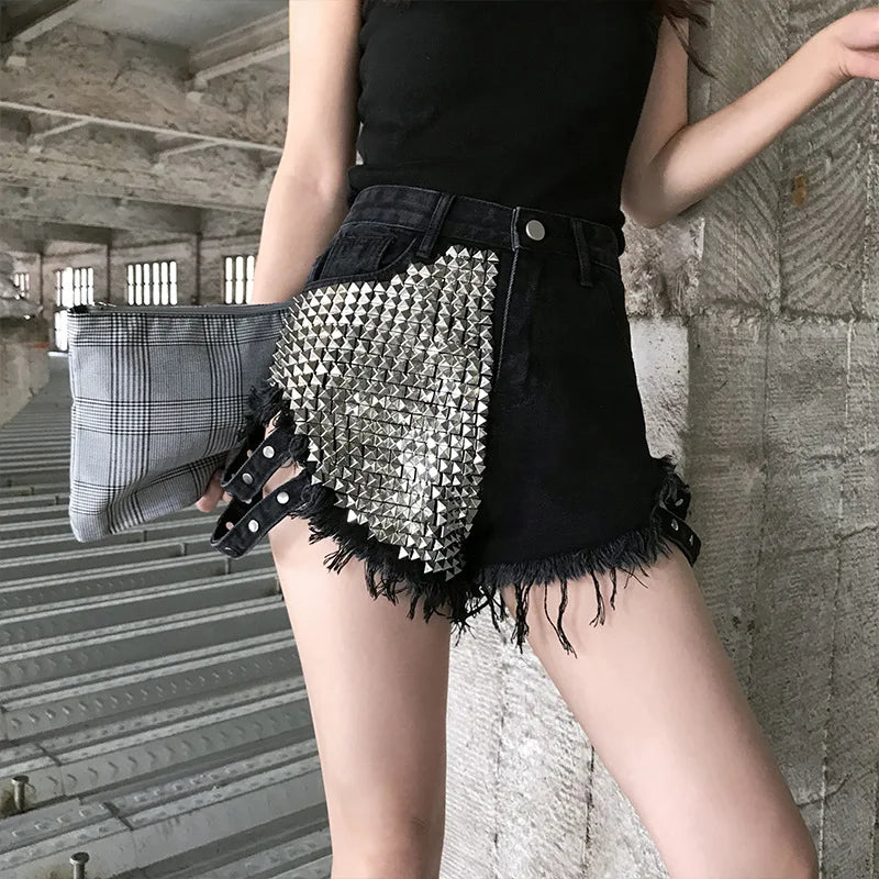 Summer Side Spike Damen-Denim-Shorts 2021 Mode Loose Holes High Waist Jeans High Street Weite Beine Dünne Shorts Damen Hosen