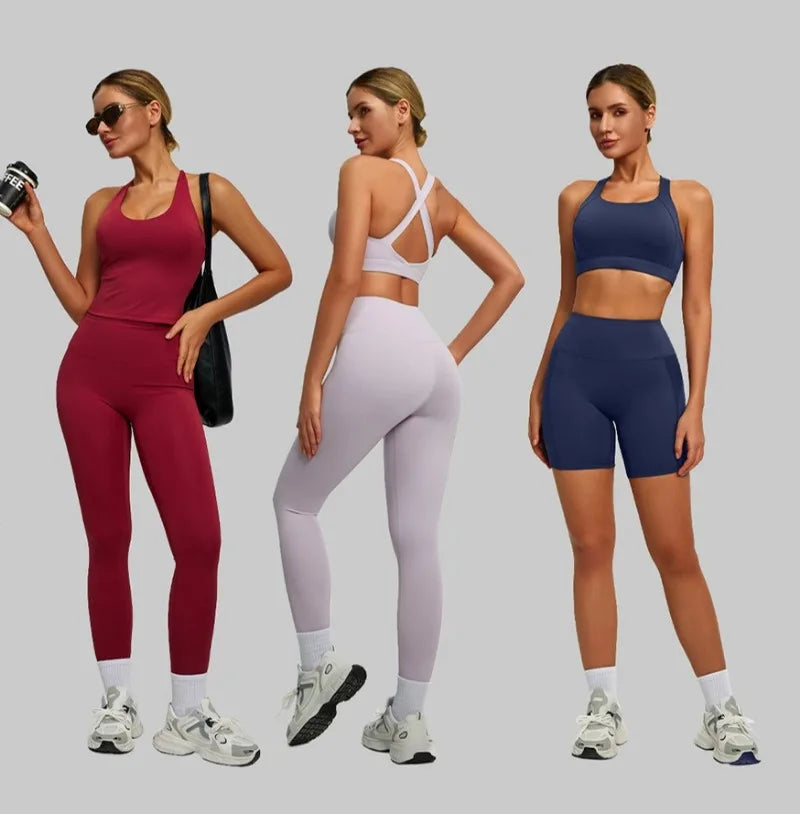 Yoga Set 3-teilig, Gym Kleidung, Sportbekleidung, Yoga Anzüge für Damen, Langarm Crop Top, Fitness Set, Trainingsanzüge, Sport-BH, Gym Leggings