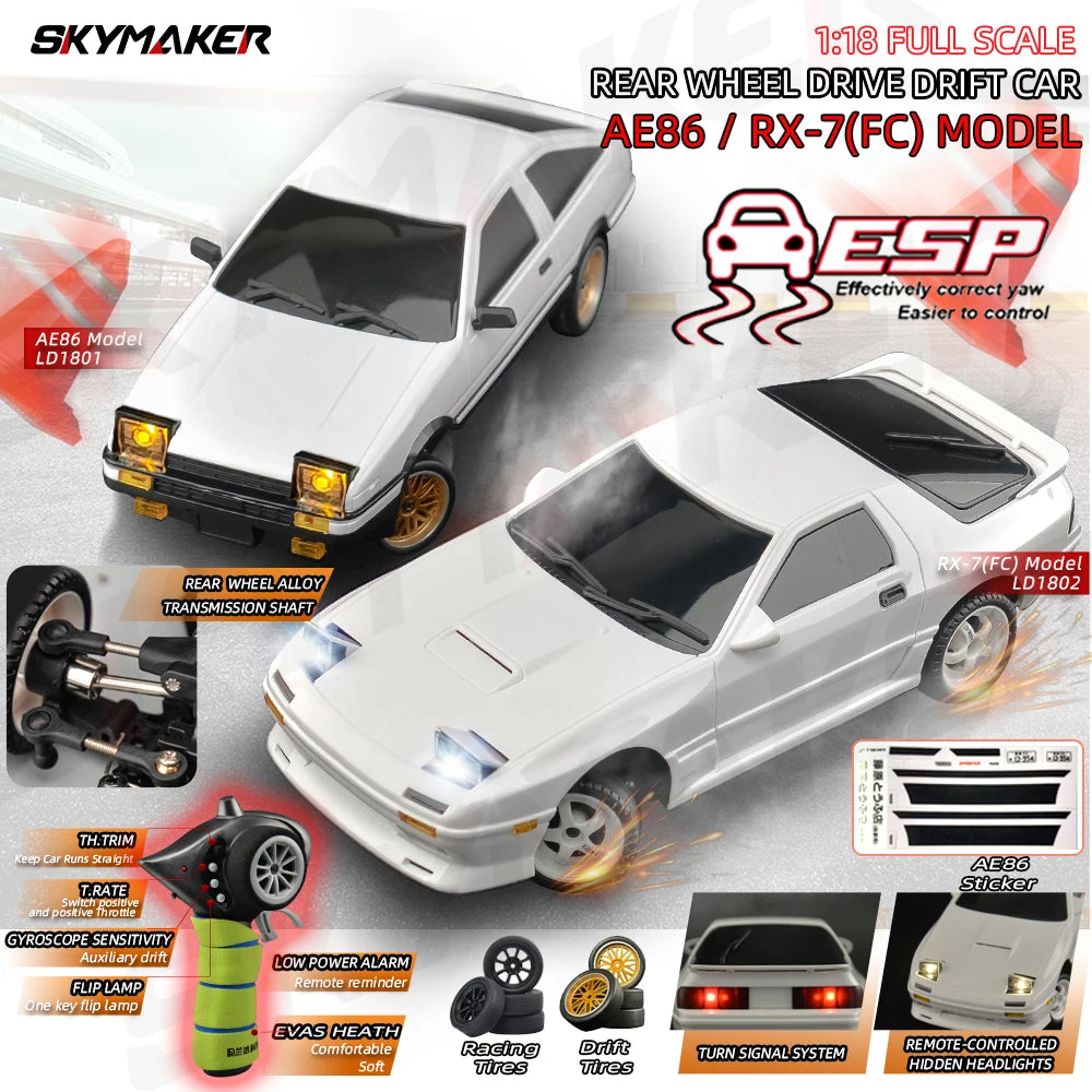 Skymaker AE86 Modell LD1801 RX-7 FC LD1802 1:18 RC Drift Car 1/18 2.4G Fernbedienung ESP Gyroskop LED Mini RC Rennwagen Spielzeug Hauptbild