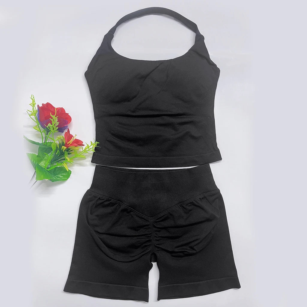 Yoga Outfits Damen 2-teiliges Sport-Set DFNNYE Impact Halfter Neck Neckholder Rückenfrei Oberteil Nahtlose Scrunch Shorts Fitness-Workout-Sportanzug