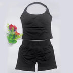Yoga Outfits Damen 2-teiliges Sport-Set DFNNYE Impact Halfter Neck Neckholder Rückenfrei Oberteil Nahtlose Scrunch Shorts Fitness-Workout-Sportanzug