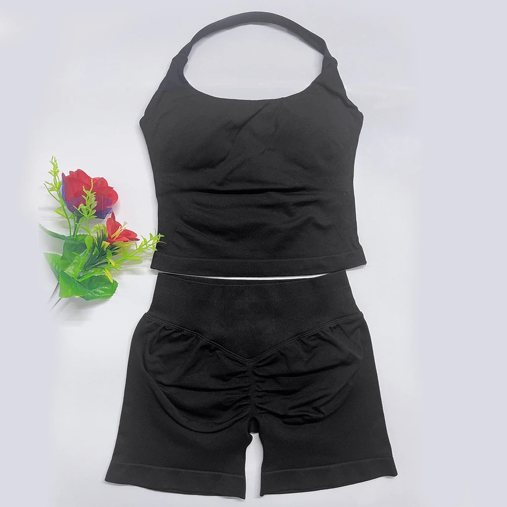 Yoga Outfits Damen 2-teiliges Sport-Set DFNNYE Impact Halfter Neck Neckholder Rückenfrei Oberteil Nahtlose Scrunch Shorts Fitness-Workout-Sportanzug
