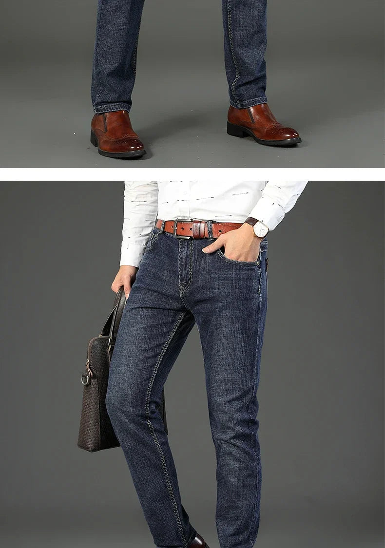2024 Gerade, normale blaue Stretch-Jeans Frühling Herbst Herren Klassische Jeans Business Fashion Smart Jeans für Herren