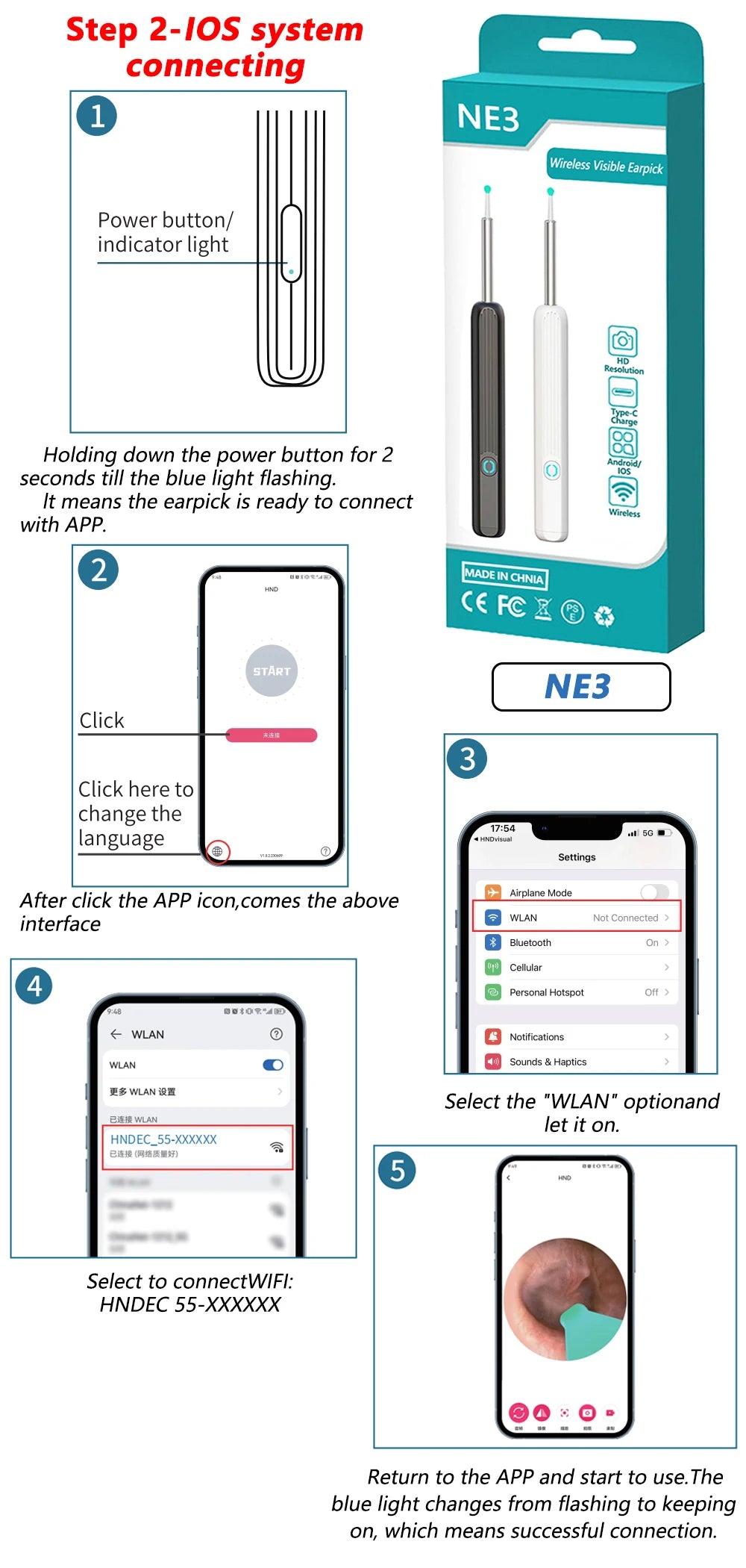 Intelligenter visueller Ohrenreiniger HD Ohrenstäbchen Otoskop USB-C-Ladeendoskop Ohrenschmalzentferner Ohrenschmalz-Entfernungswerkzeug Ohrenschmalz-Minikamera Gesundheitspflege-Set