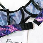 Sexy Perspektive Brustraffer Bedruckter Dessous-Set mit Handschuhen und Bein-Set für Damen, fünfteiliges Set, Damen Fun-BH- & Slip-Sets