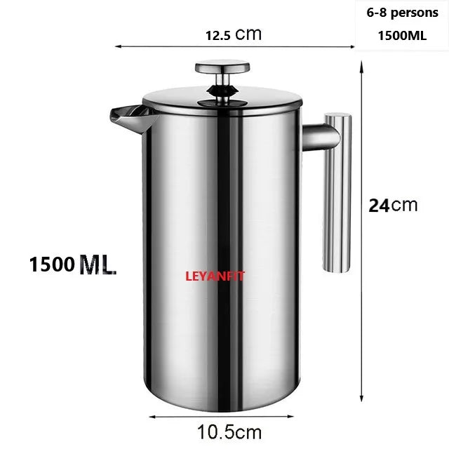 1.5L Coffee Maker French Press Stainless Steel Espresso Coffee Machine French Press Double-Wall Insulated Coffee Tea Maker Pot