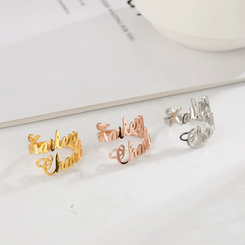 Personalisierter Doppel-Vorname-Ring für Damen und Herren, personalisiertes Paar-Familien-Geschenk, goldfarbener Edelstahl-Metallschmuck