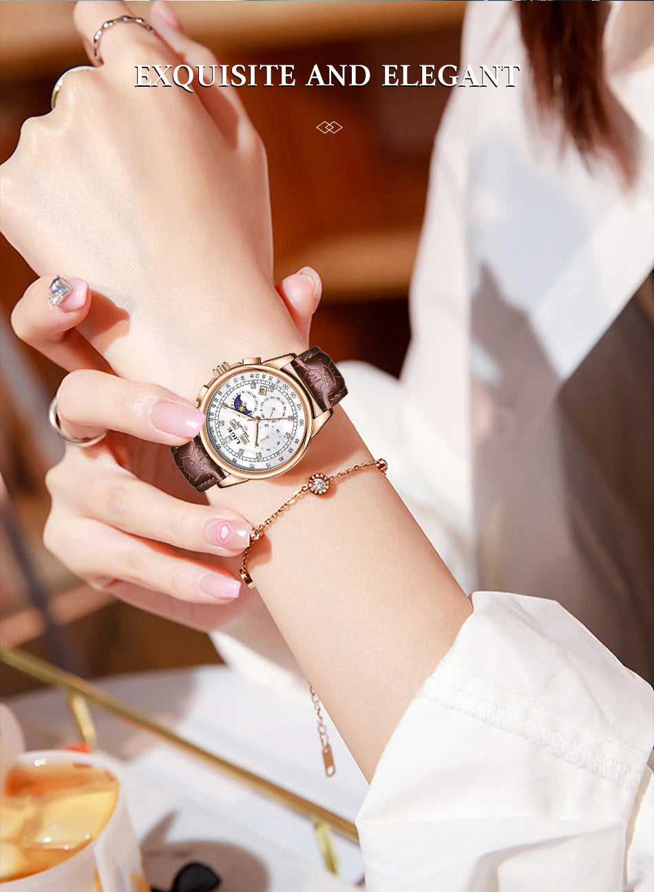 LIGE Retro Elegant Quartz Women's Wristwatches Simple Diamond Dial Fashion Casual Outdoor Date Waterproof Moon Phase Woman Watch