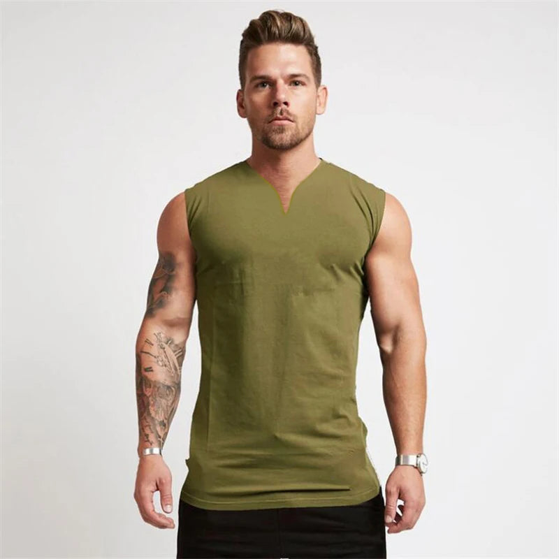 Sommer Baumwolle atmungsaktive V-Ausschnitt Tank Tops Fitnessstudio Workout Laufen Sport Ärmelloses Shirt Herren Fitness Bodybuilding Muskelbekleidung