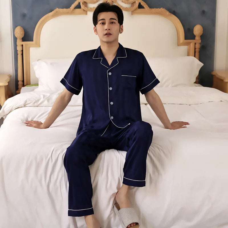 Hochwertiges Pyjama-Set Herren Frühling Herbst Dünn Polyester Eisseide Langarm Schlafanzug Übergröße Sommer Hauskleidung Männlich
