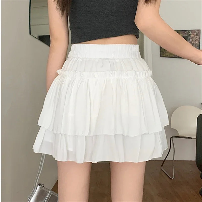 Sommer Kawaii Weiß Rüschenrock Damen Mode Slim Fit Minirock Mädchen Y2k All Match Elastischer Hoher Bund Schwarze Faldas