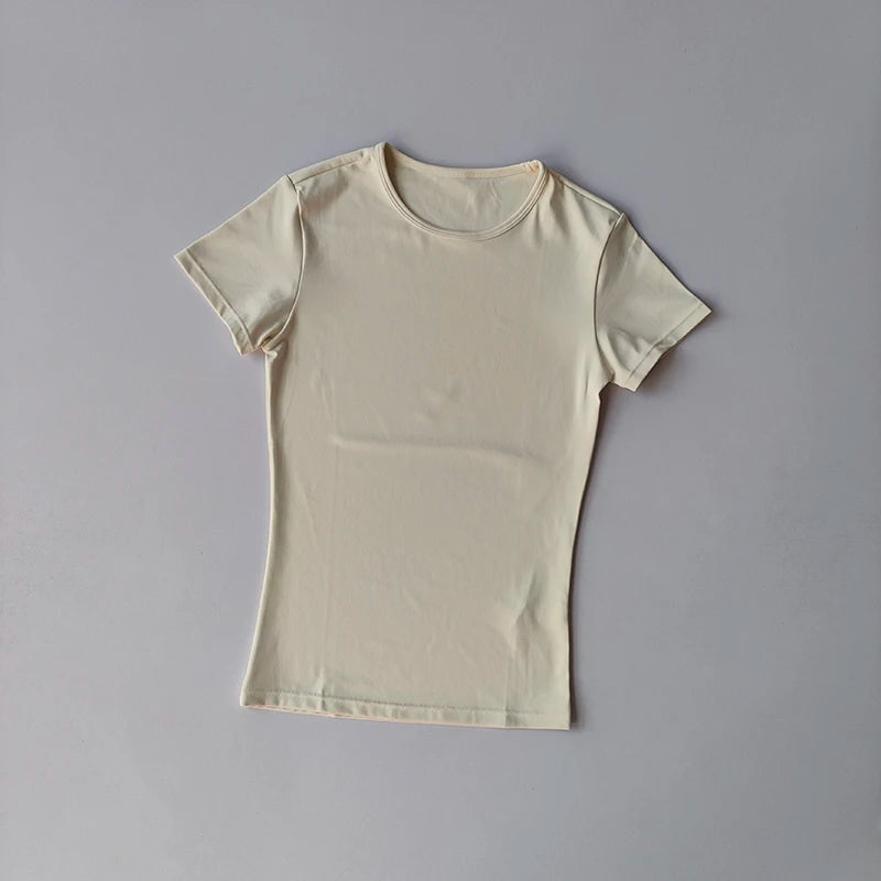 Hautenge, einfarbige Yoga-Kleidung für Damen: Schnelltrocknendes, elastisches, eng anliegendes T-Shirt, Fitness-Oberteil