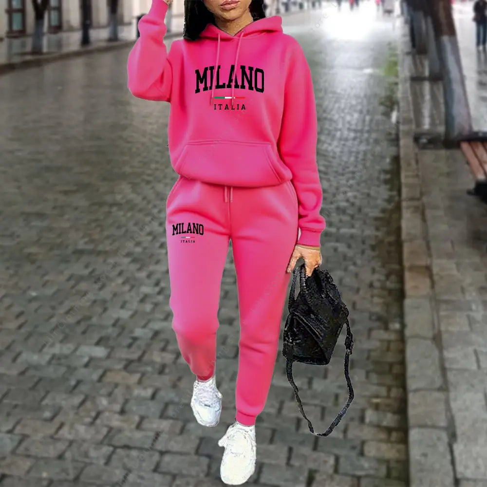 Herbst Winter Damen Sets 2-teilige Hoodies Hosen Anzug Sport Outfits 2025 MILANO Buchstaben-Print Ästhetische Kleidung Damen Trainingsanzug