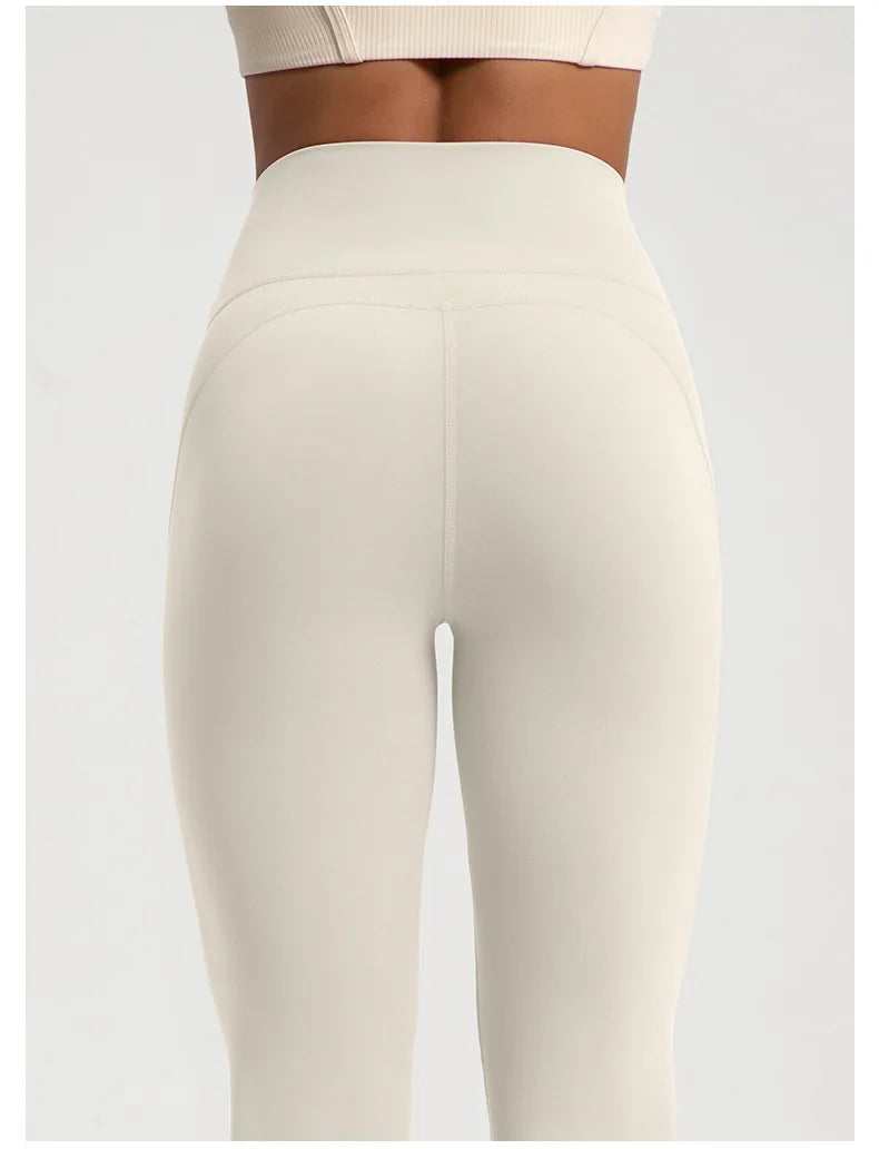 Nackte, hoch taillierte, taillenformende, hüfthebende Fitness-Sporthose mit elastischem Schlag für Damen, lässige Outdoor-Lauf-Yogahose