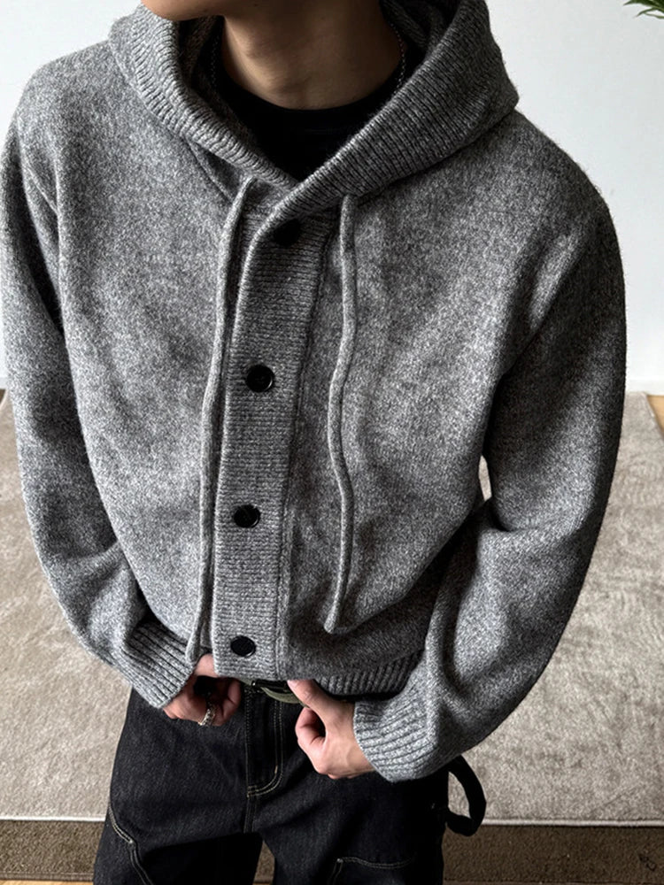 Neue lässige Luxus Strickjacke mit Kapuze für Herren Koreanische Mode Lockerer Cardigan mit Knopfleiste Y2K Vintage Streetwear Strickwaren Mantel