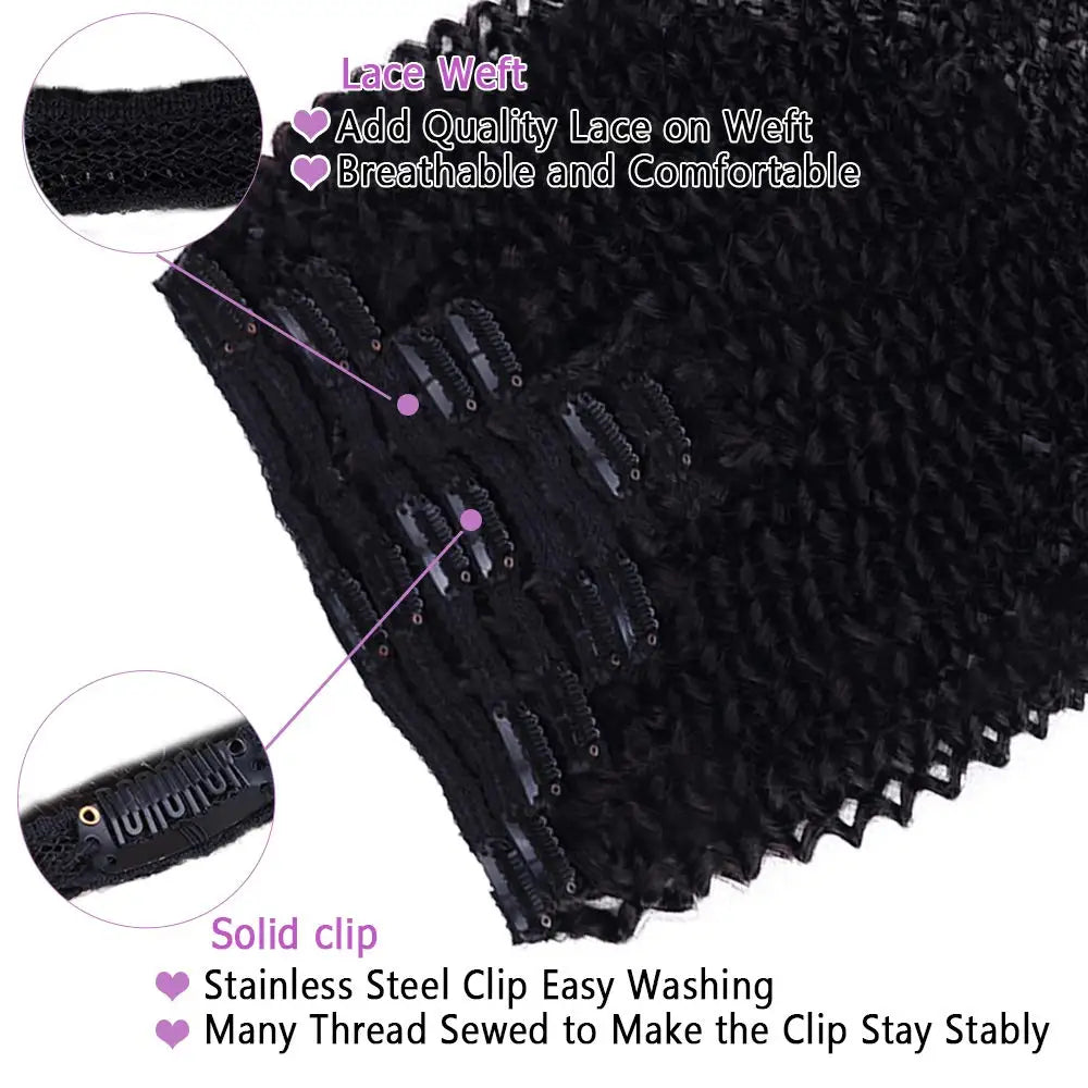 Lockige Clip In Echthaar Extensions Kinky Curly Clip Ins Ganzer Kopf für Schwarze Frauen Brasilianisches Remy Echthaar Naturfarbe 8 Stück