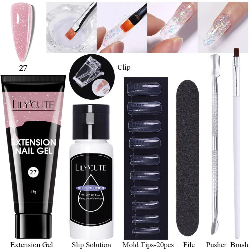 LILYCUTE 15ml Verlängerungsgel-Nagellack-Set Quick Nail Prolong mit Verlängerungsform-Nagelspitzen Acryl-Lösung Maniküre-Werkzeug-Kit