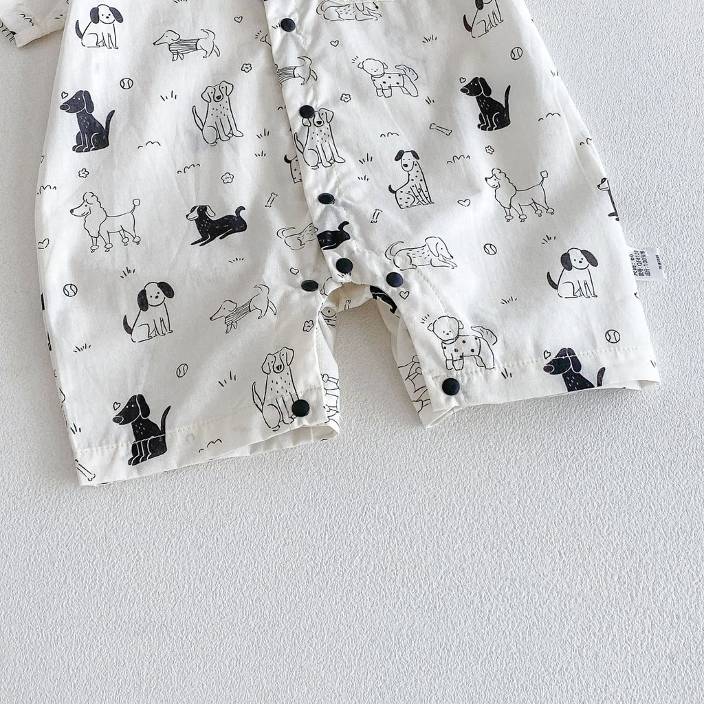 0-2Y Sommer Baby Jungen Kleidung mit Hundemuster, Einreihig, Kleinkind Strampler, Kurzarm, Süßes Baby Jungen Outfit